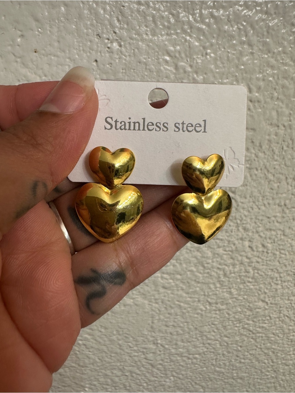 Gold Tone  Heart Double Drop Earrings - Stainless Steel